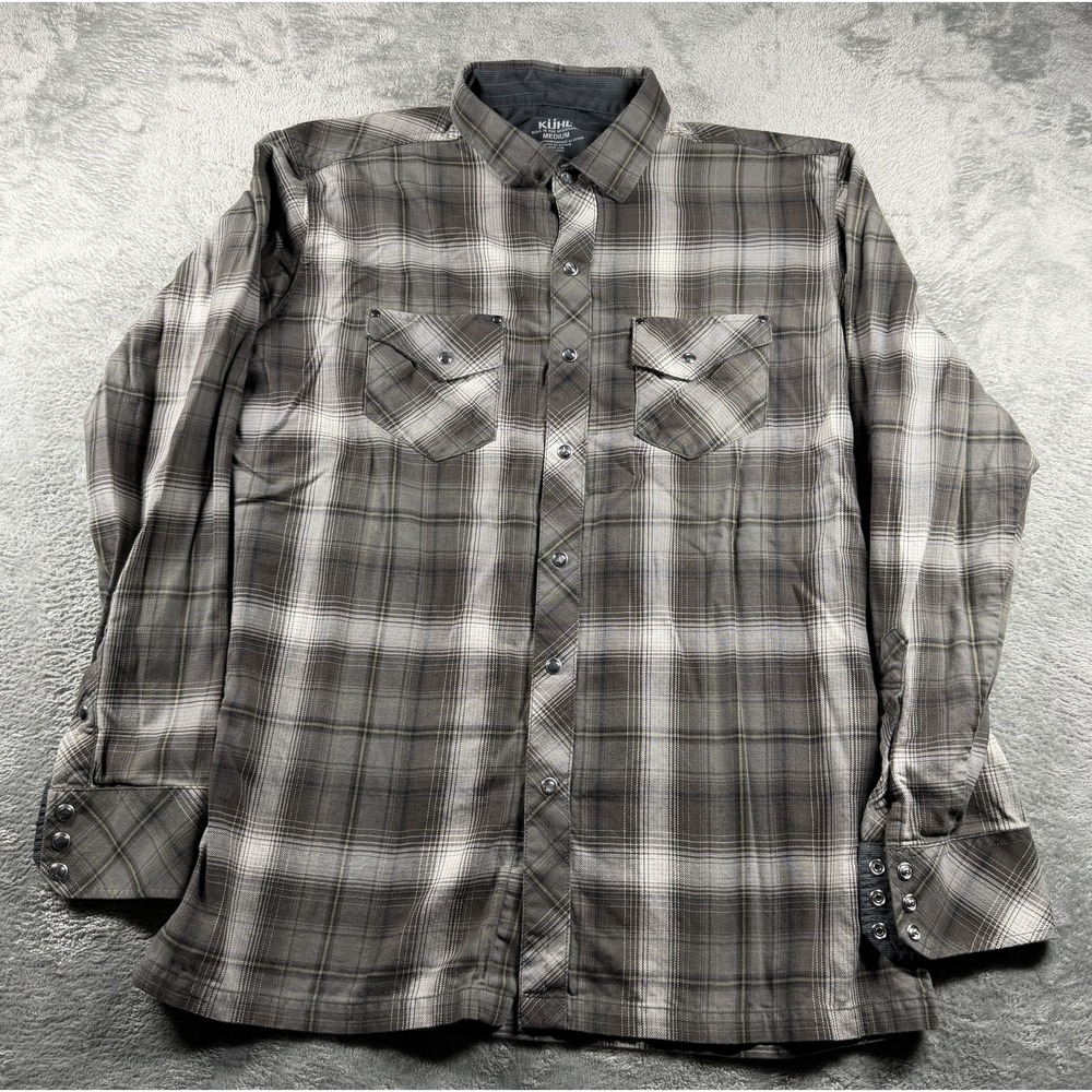 Kuhl Shirt Mens M Gray Plaid Pearl Snap Long Sleeve Western Chest Pockets